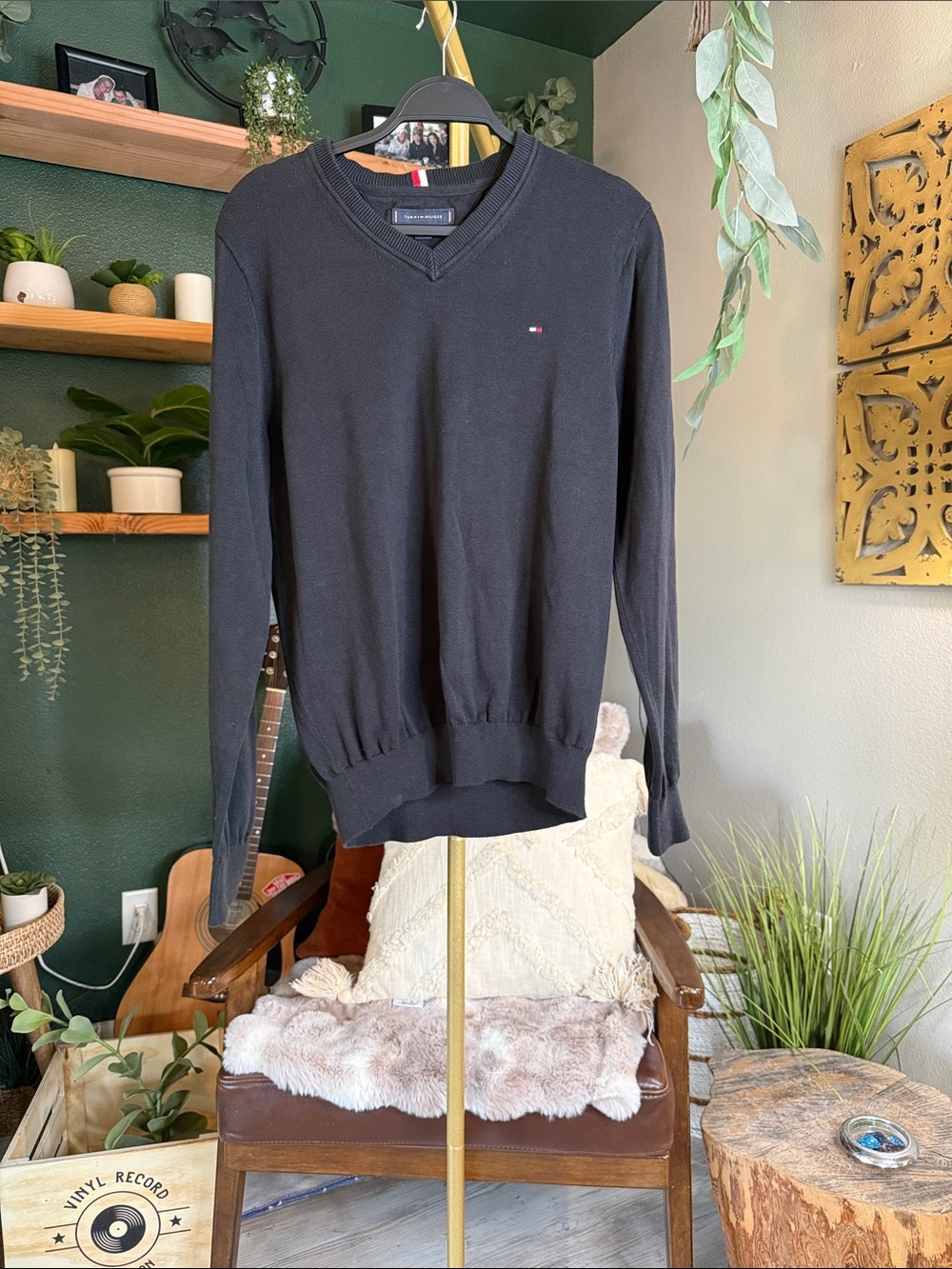 Tommy Hilfiger Men’s Black V-Neck Sweater with Small Logo